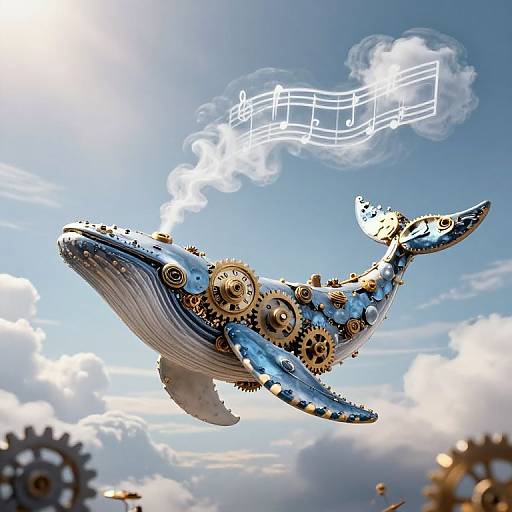 Steampunk blue whale with gears and music notes soaring in a bright, cloudy sky, creating a whimsical, mechanical fantasy scene.
