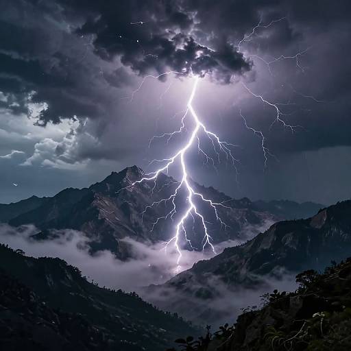 Photograph of a dramatic nighttime mountain landscape with a bright, jagged lightning bolt striking through dark, stormy clouds over rugged peaks, surrounded by mist