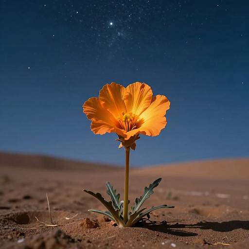Photograph of a bright orange poppy flower glowing under night sky, with stars visible, standing alone in a desert landscape.