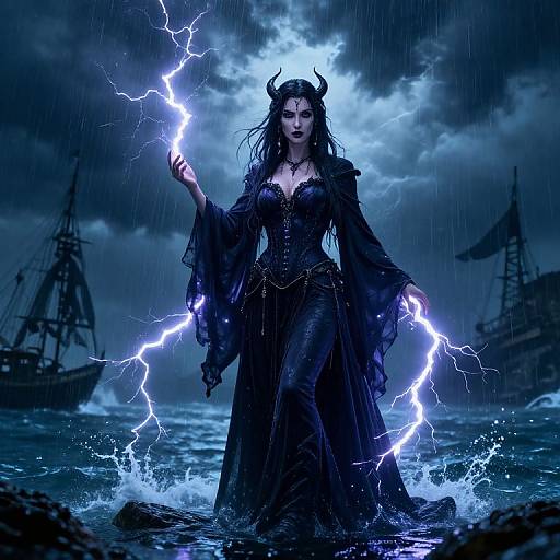 Digital art: Dark-haired, horned woman in black, flowing dress stands in stormy sea, surrounded by lightning, with ships in background.