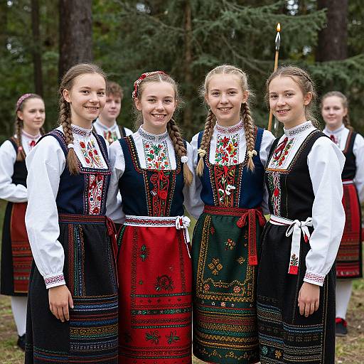 Photograph of four young girls in traditional Eastern European folk costumes with embroidered black dresses, white blouses, and red aprons, standing in a forest