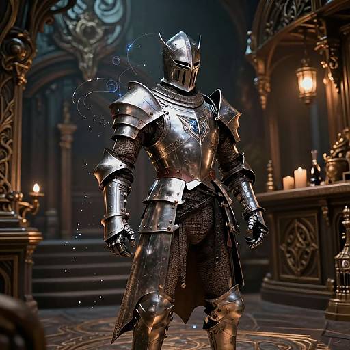Photorealistic CGI of a shining, medieval knight in full plate armor with a helmet, standing in a dimly lit, ornate cathedral with candles
