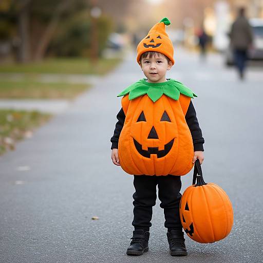 Photograph of a young boy in a pumpkin costume with a green leaf collar, hat, and holding a pumpkin-shaped basket on a wet, blurry street