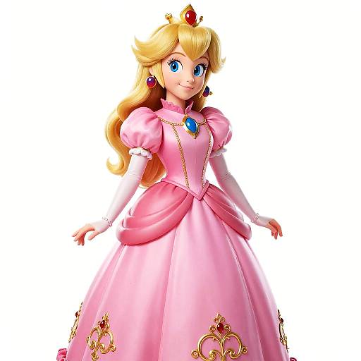 Digital illustration of Princess Peach from Mario series, wearing a pink ball gown with gold accents, blue gem necklace, and crown, smiling with blue eyes and