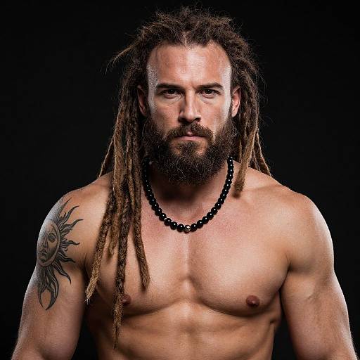 Photograph of muscular, bearded man with long dreadlocks, black bead necklace, sun tattoo on right shoulder, against black background.