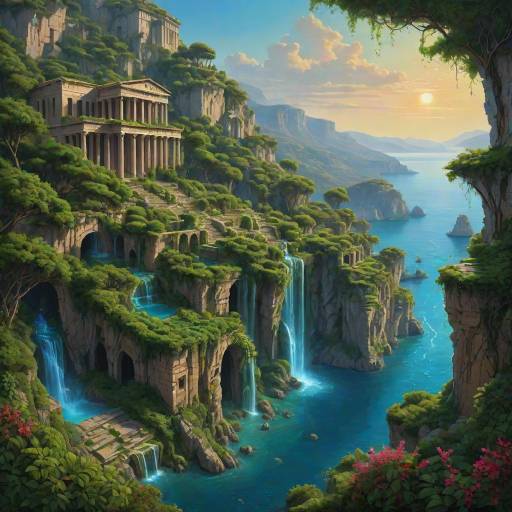 Ancient Temple by Waterfalls in Mountainous Landscape