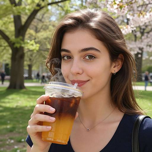Young Woman Enjoying Iced Coffee Outdoors