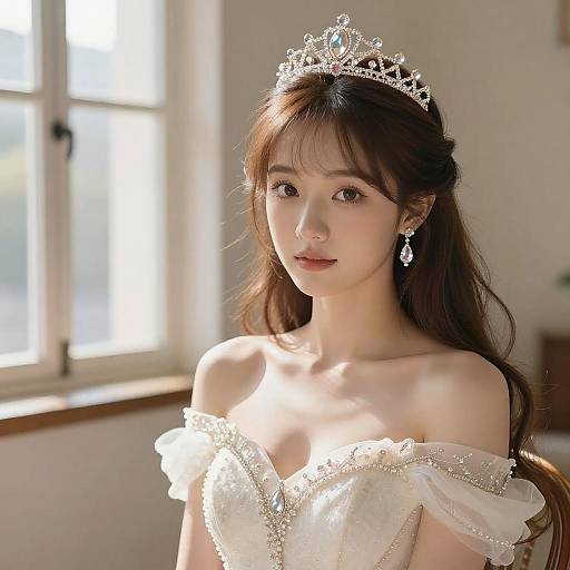 Elegant Young Woman in White Dress with Tiara