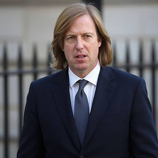 Photograph of a middle-aged man with light brown hair, wearing a black suit, white shirt, and patterned tie, standing outdoors against a blurred