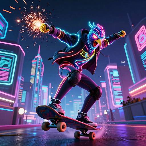 Neon-lit cyberpunk cityscape: anthropomorphic bird with vibrant blue and pink feathers, wearing a black jacket and jeans, skates holding a