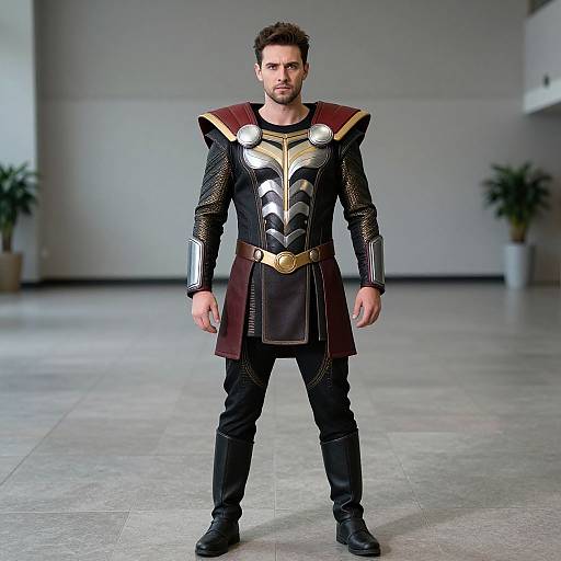 Photograph of a muscular, bearded man in medieval-style armor with black and gold chest plate, maroon cape, and black pants, standing in