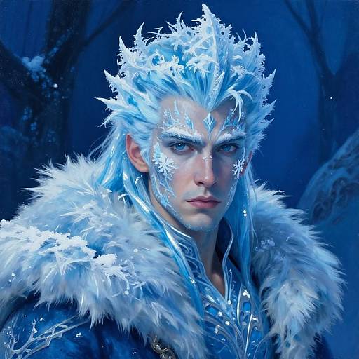 Photorealistic digital artwork of a blue-eyed, pale-skinned man with icy blue hair and snowflake makeup, wearing a fur-lined, icy blue