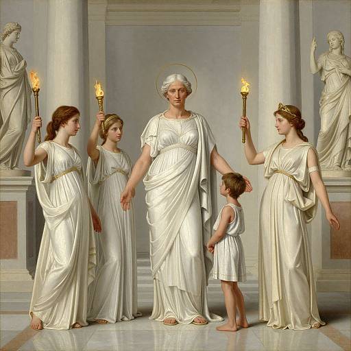 Digital artwork of classical Greek-style women in white gowns with gold headbands, holding torches, surrounding a central woman with a halo, in a