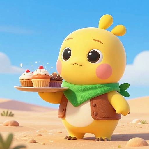Cute yellow cartoon bird-like character with green scarf and brown vest, holding tray of cupcakes, in bright desert landscape. Digital art.