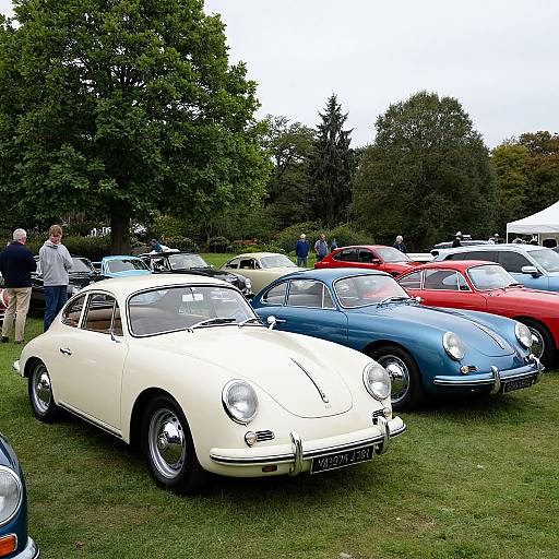Photograph of a car show featuring classic vintage cars, including a white, blue, and red Volkswagen, parked on grass with trees and people in the