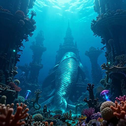 Photorealistic CGI of a luminous blue dragon with a shimmering scales, swimming through a vibrant underwater cavern filled with colorful coral and marine life,