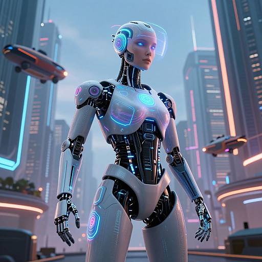 Photorealistic CGI of a futuristic female android with glowing blue neon accents, standing in a neon-lit, cyberpunk cityscape.