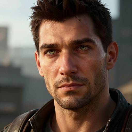 Photorealistic digital portrait of a handsome, serious-faced man with short, dark hair, light stubble, green eyes, and a leather jacket,