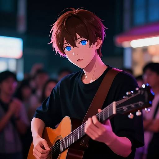 Anime-style digital artwork of a young man with blue eyes and brown hair, playing an electric guitar on a vibrant, nighttime street. Blurred crowd and