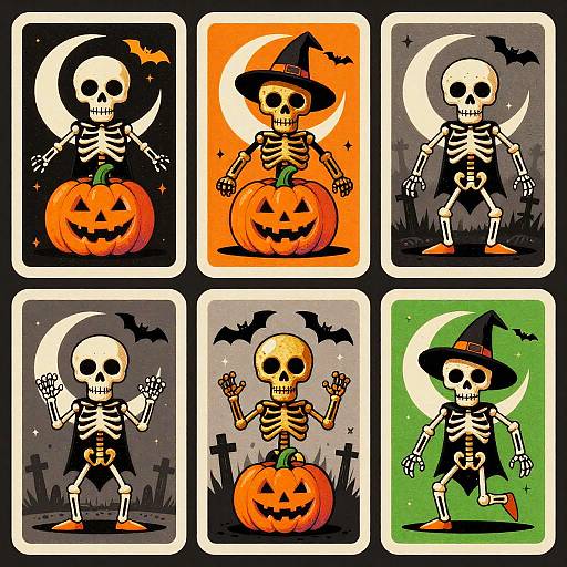 Retro Halloween Skeleton Trading Cards Set