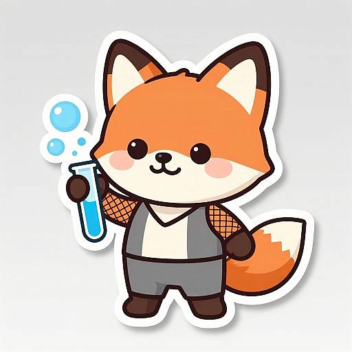 Cute chibi fox in lab coat, holding blue test tube with bubbles, wearing fishnet sleeves, standing on white background. Digital art.