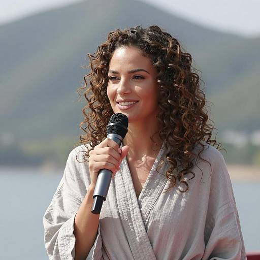 Smiling Woman Holding Microphone Outdoors