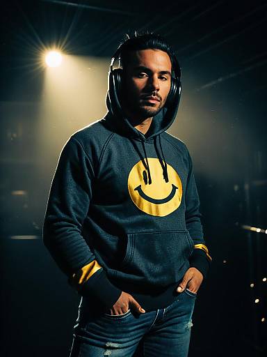 Man Wearing Smiley Emoji Hoodie and Headphones