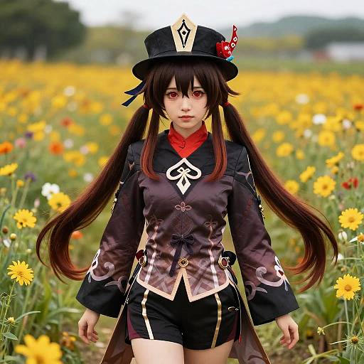 Cosplay of Hu Tao from Genshin Impact in Flower Field