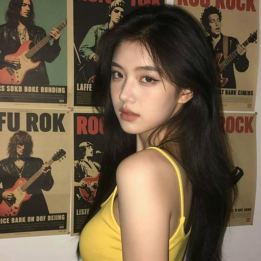 Youthful Woman Surrounded by Vintage Rock