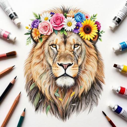 Digital drawing of a lion with a colorful flower crown, surrounded by scattered markers, showcasing vivid pink, blue, yellow, and white flowers.