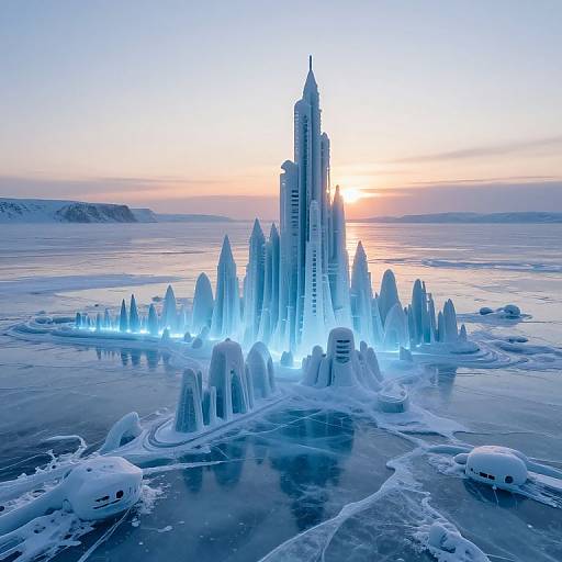 Photograph of a futuristic, glowing blue ice castle with a tall central spire, surrounded by illuminated ice structures, at sunset on a frozen ocean.