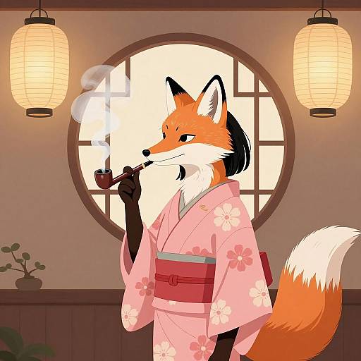 Elegant Fox in Floral Kimono Illustration