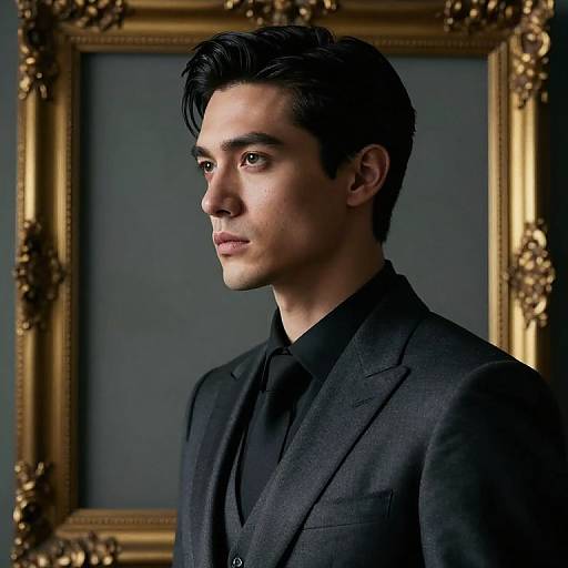 Photograph of a handsome young man with dark hair, wearing a black suit and shirt, against a framed, ornate golden background.