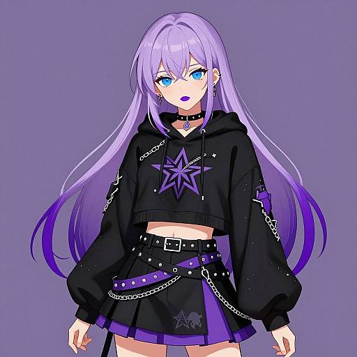 Anime-style digital drawing of a purple-haired girl with blue eyes, wearing a black star hoodie, choker, and pleated skirt, with purple and