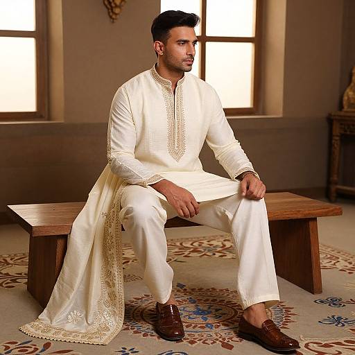 Photograph of a handsome South Asian man with short black hair and trimmed beard, wearing a white embroidered traditional kurta and brown shoes, sitting on a
