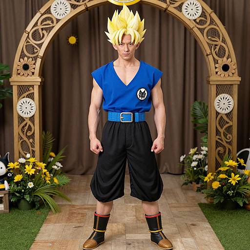 Digital rendering of a muscular, blonde-haired anime character with spiky hair, wearing a blue V-neck shirt, black pants, and brown boots, standing