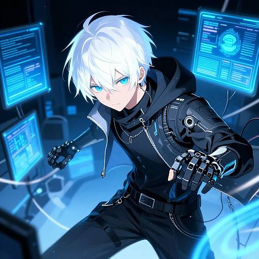 Digital anime artwork of a white-haired, blue-eyed male hacker in black tactical gear, surrounded by glowing blue computer screens.