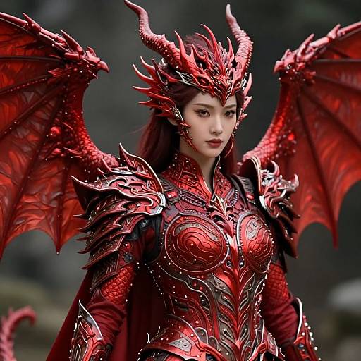 Digital artwork of a fierce, red-scaled, dragon-winged female warrior with intricate armor, sharp horns, and intense expression, set against a dark