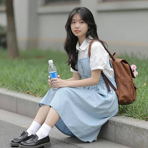 Asian Woman in Light Blue Pinafore Dress
