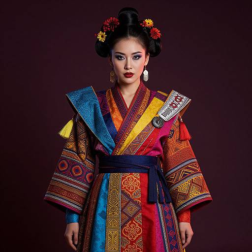 Photograph of an Asian woman in vibrant, multicolored traditional Korean hanbok with intricate patterns, red lipstick, black hair in an updo