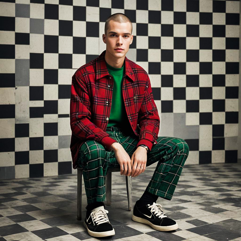 Puzzled Skater in Stylish Plaid Outfit