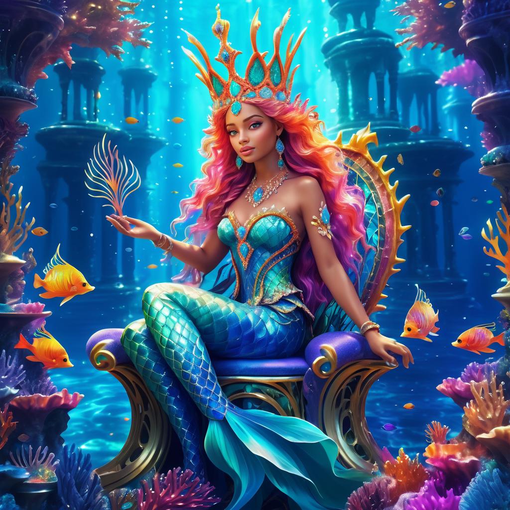 Whimsical Mermaid Queen on Coral Throne