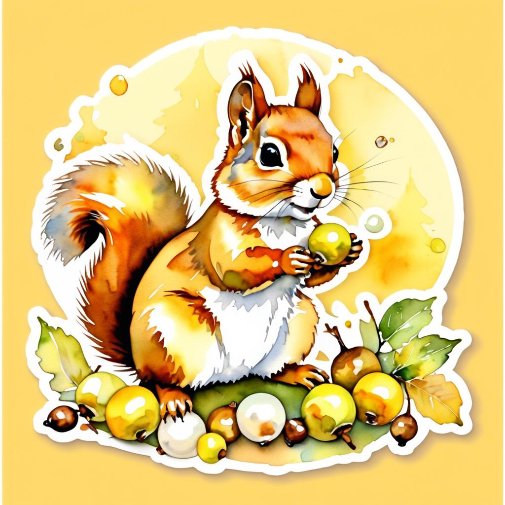 Watercolor Squirrel with Acorns and Pearls