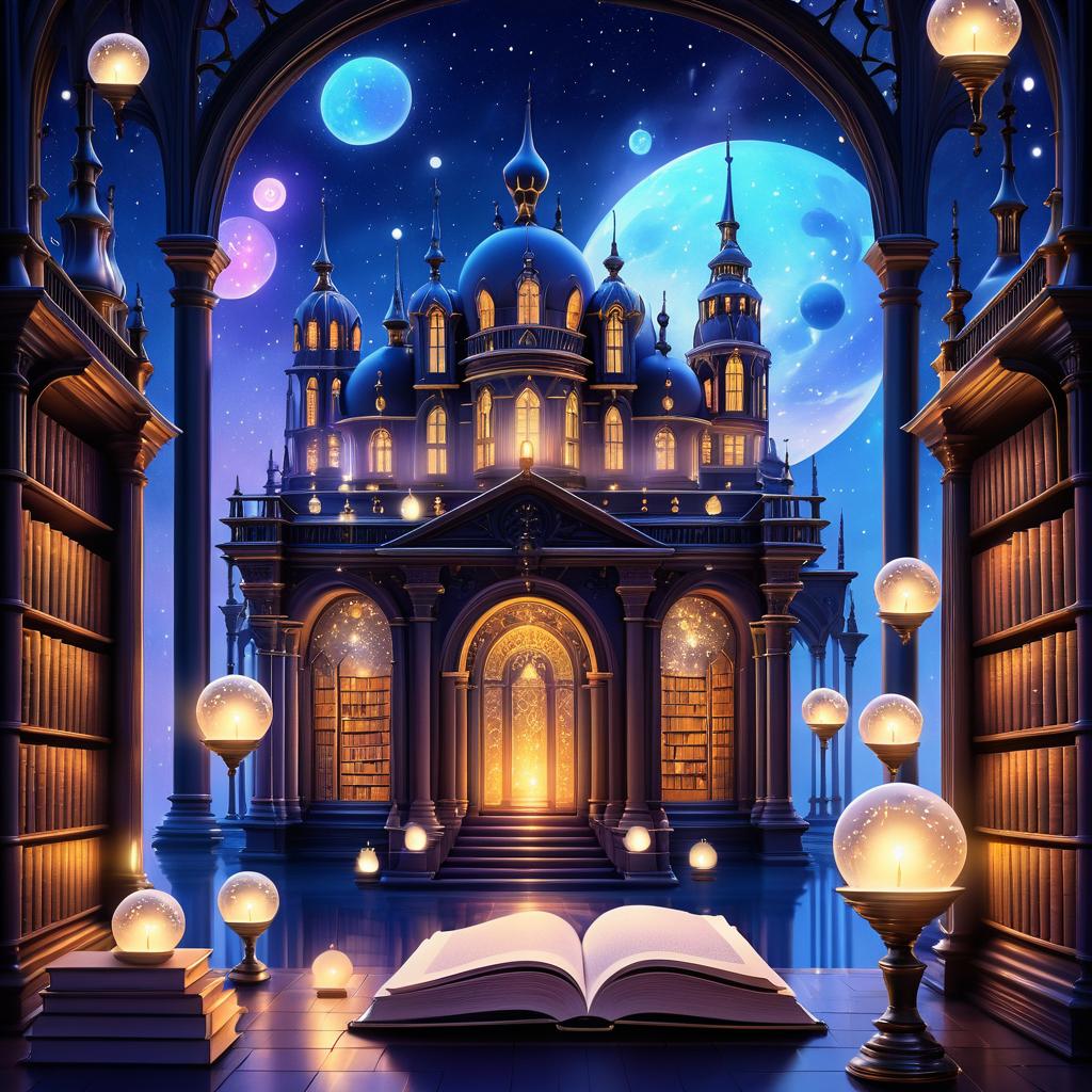 Magical Twilight Library with Floating Books