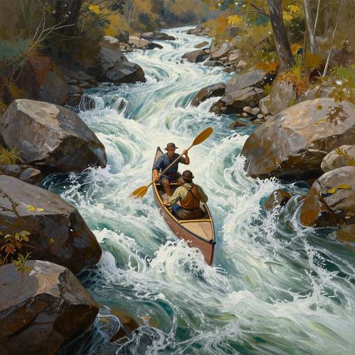 Digital painting of two people in a wooden canoe navigating a fast, rocky river with white rapids, surrounded by autumn foliage.