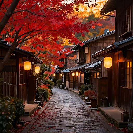 Photograph of a narrow, cobblestone path lined with traditional Japanese buildings, illuminated by warm lanterns, and vibrant red autumn leaves overhead.