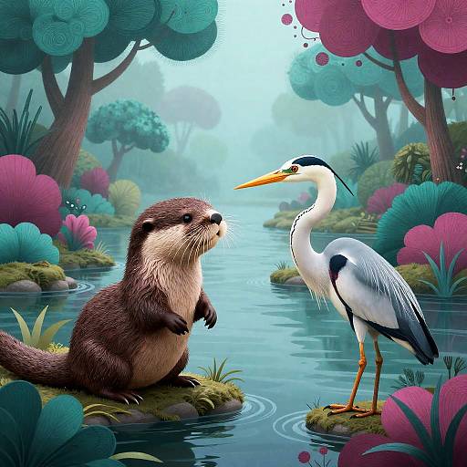 Playful Otter and Curious Heron by Misty River