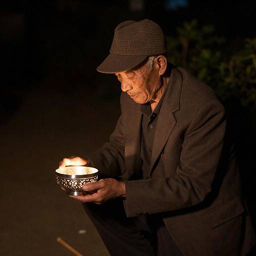 Elderly Man Kneeling with Glowing Bowl