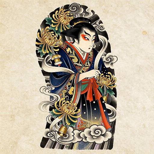Baroque Ukiyo-e Noh Mask Tattoo Design
