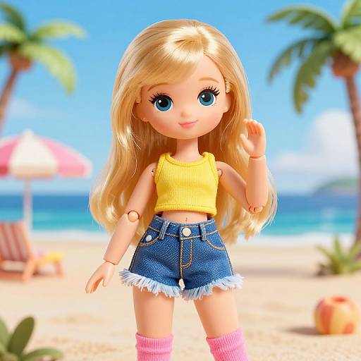 Photorealistic CGI of a blonde doll with blue eyes, wearing a yellow crop top and denim shorts, standing on a sunny beach with palm trees and
